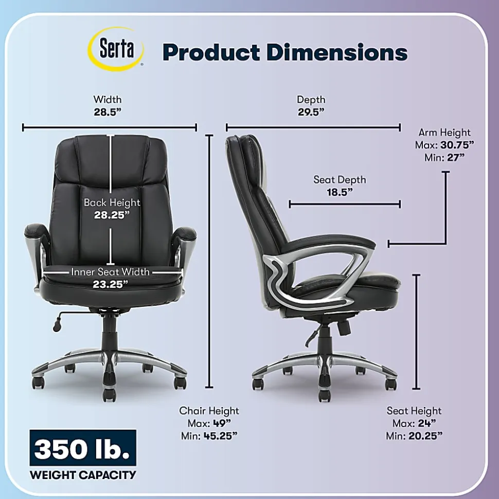 Serta® Big And Tall Ergonomic Bonded Leather High-Back Office Chair, Black/Silver