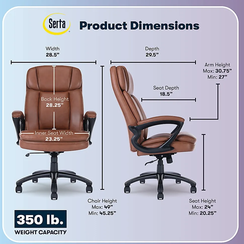 Serta® Big And Tall Ergonomic Bonded Leather High-Back Office Chair, Cognac/Black