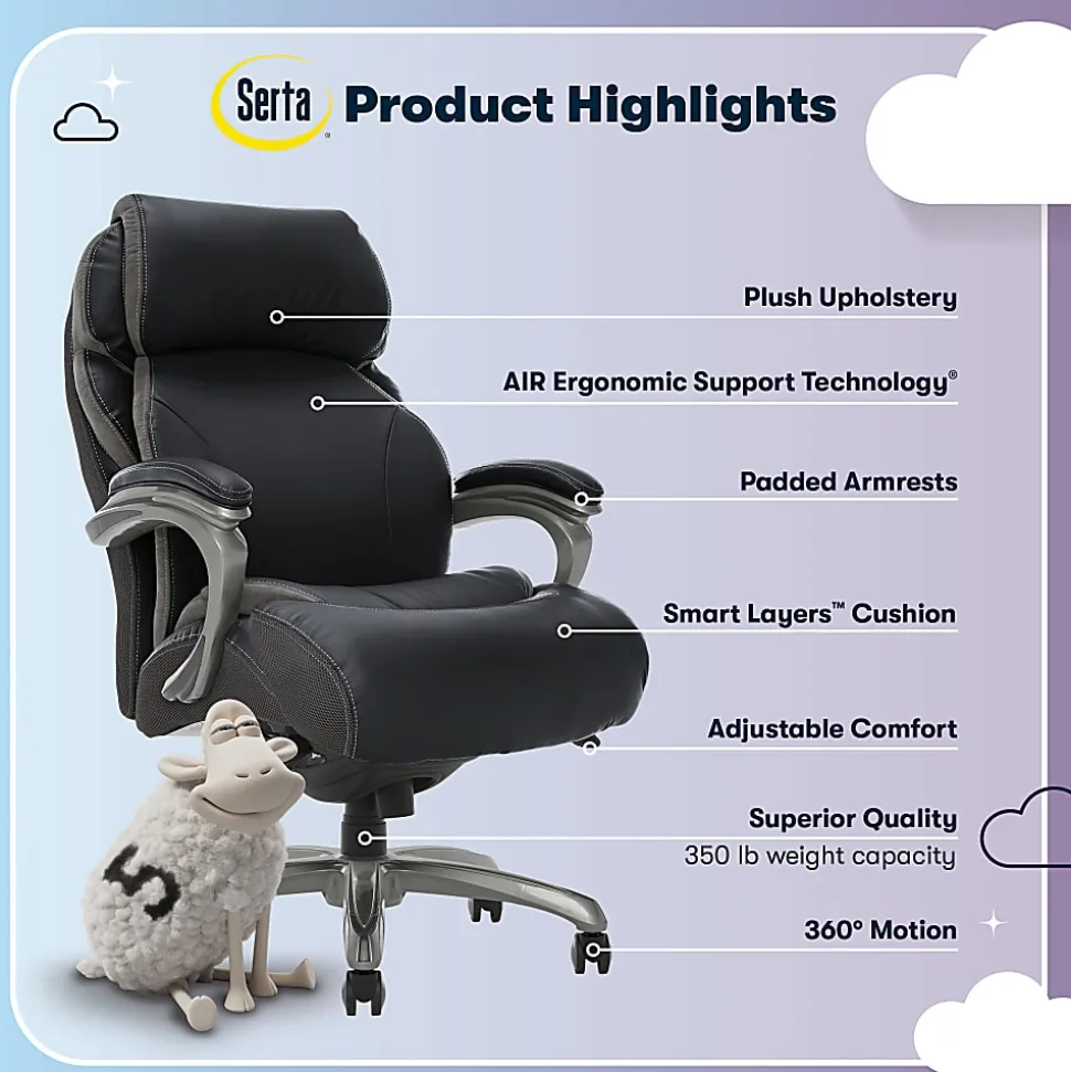 Serta® Big And Tall Smart Layers™ Tranquility Ergonomic Bonded Leather High-Back Chair With AIR™ Technology, Black/Slate