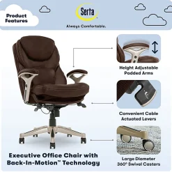 Serta® Claremont Ergonomic Bonded Leather Mid-Back Office Chair, Old Chestnut/Silver