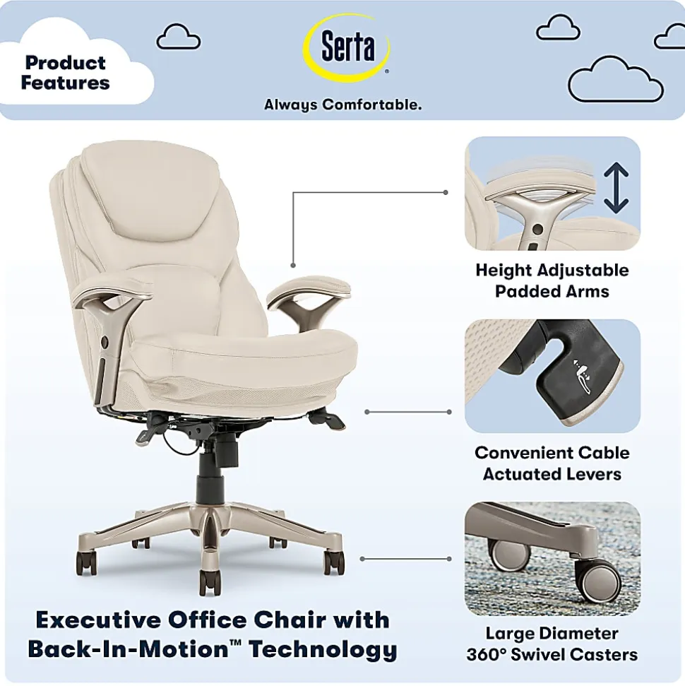 Serta® Claremont Ergonomic Bonded Leather Mid-Back Office Chair, Ivory/Silver