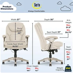 Serta® Claremont Ergonomic Bonded Leather Mid-Back Office Chair, Ivory/Silver