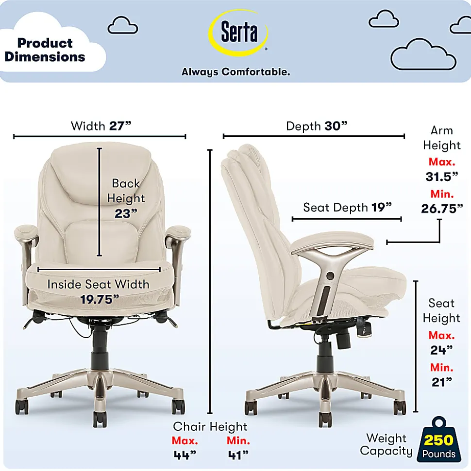 Serta® Claremont Ergonomic Bonded Leather Mid-Back Office Chair, Ivory/Silver