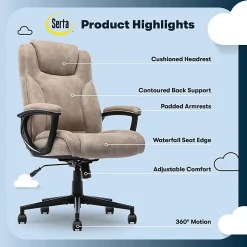 Serta® Comfort Eco Ergonomic Velvet Mid-Back Office Chair, Light Brown