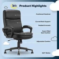 Serta® Comfort Ergo Ergonomic Bonded Leather Mid-Back Executive Office Chair, Black