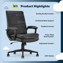 Serta® Comfort Modern Ergonomic Bonded Leather High-Back Executive Office Chair, Black