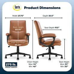 Serta® Comfort Modern Ergonomic Bonded Leather High-Back Executive Office Chair, Cognac