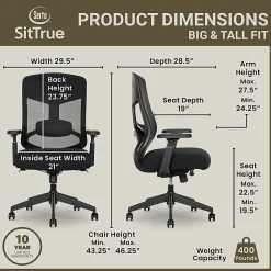 Serta Commercial Eco-2000 Big & Tall Ergonomic Mesh High-Back Executive Office Chair, Black