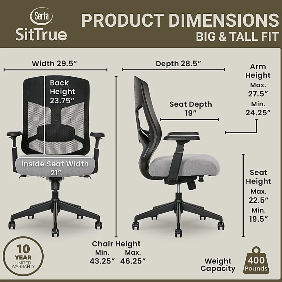 Serta Commercial Eco-2000 Big & Tall Ergonomic Mesh High-Back Executive Office Chair, Gray