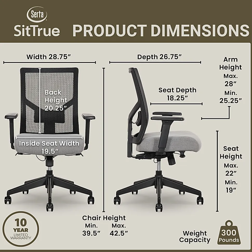 Serta Commercial Eco-2000 Ergonomic Mesh Mid-Back Task Chair, 43% Recycled, Gray