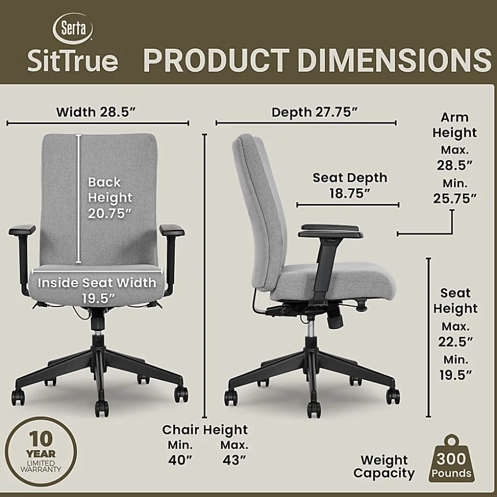 Serta® Commercial Eco-2000 Ergonomic Fabric Mid-Back Task Chair, Gray