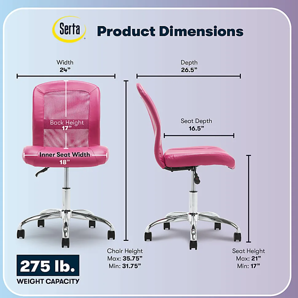 Serta® Essentials Mid-Back Computer Chair, Teamwork Pink/Chrome