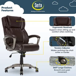 Serta® Executive Office Ergonomic Bonded Leather High-Back Chair, Biscuit Brown/Silver