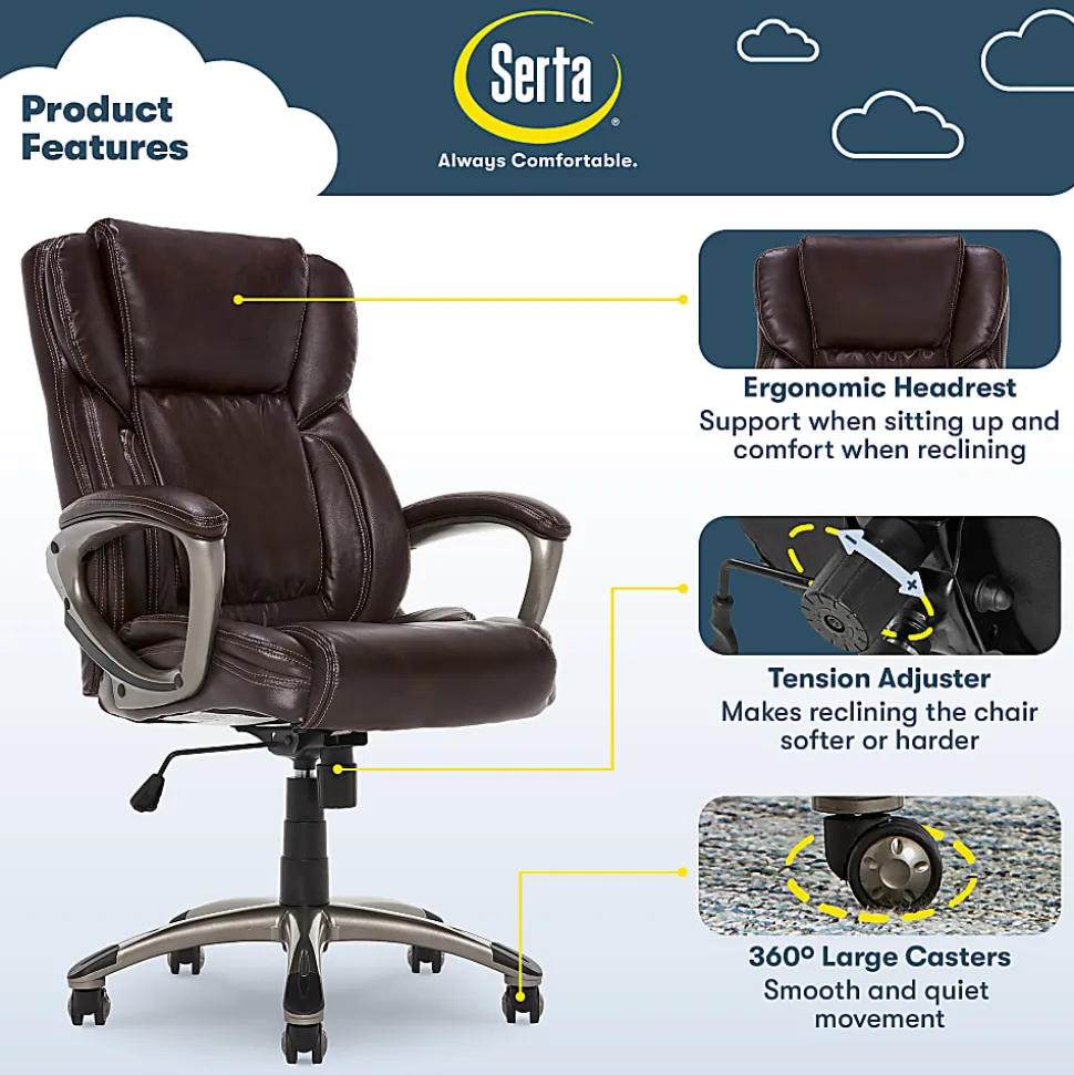 Serta® Executive Office Ergonomic Bonded Leather High-Back Chair, Biscuit Brown/Silver