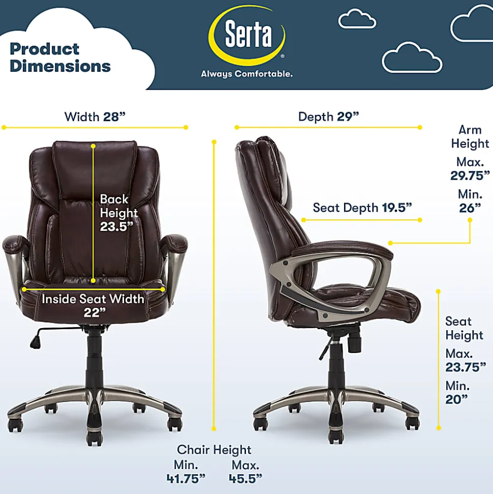 Serta® Executive Office Ergonomic Bonded Leather High-Back Chair, Biscuit Brown/Silver