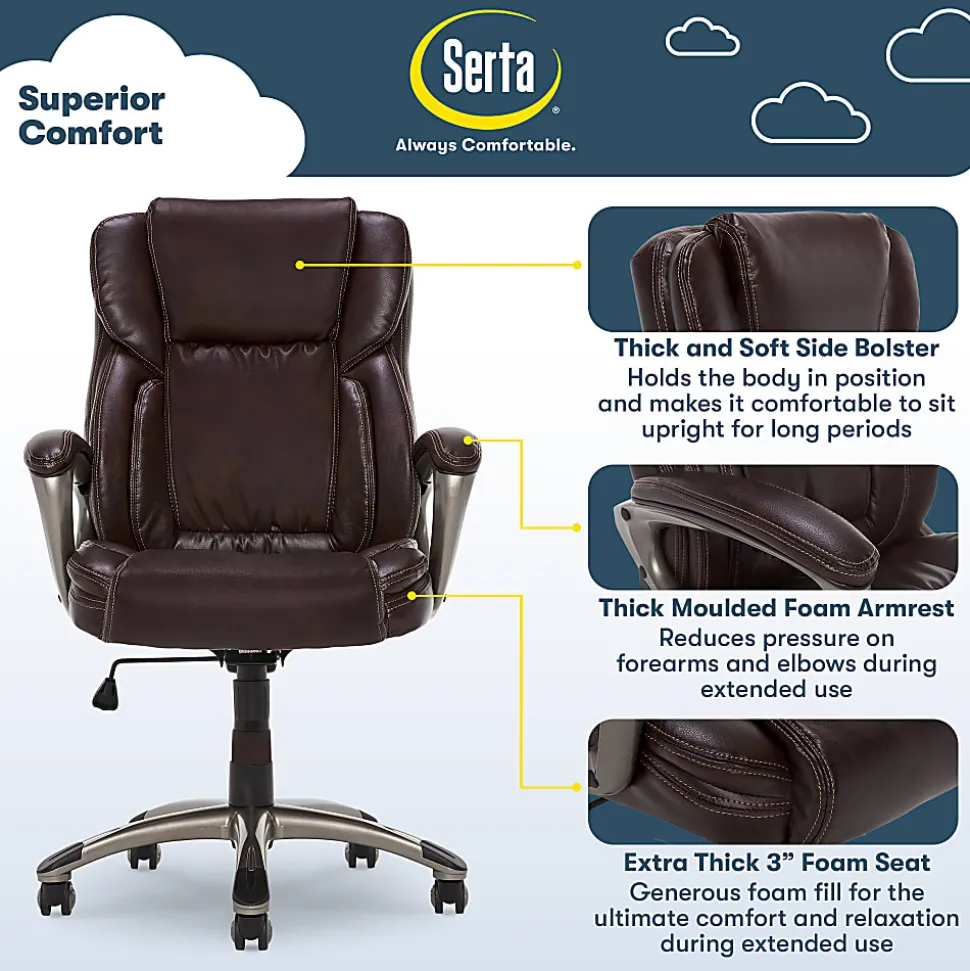 Serta® Executive Office Ergonomic Bonded Leather High-Back Chair, Biscuit Brown/Silver