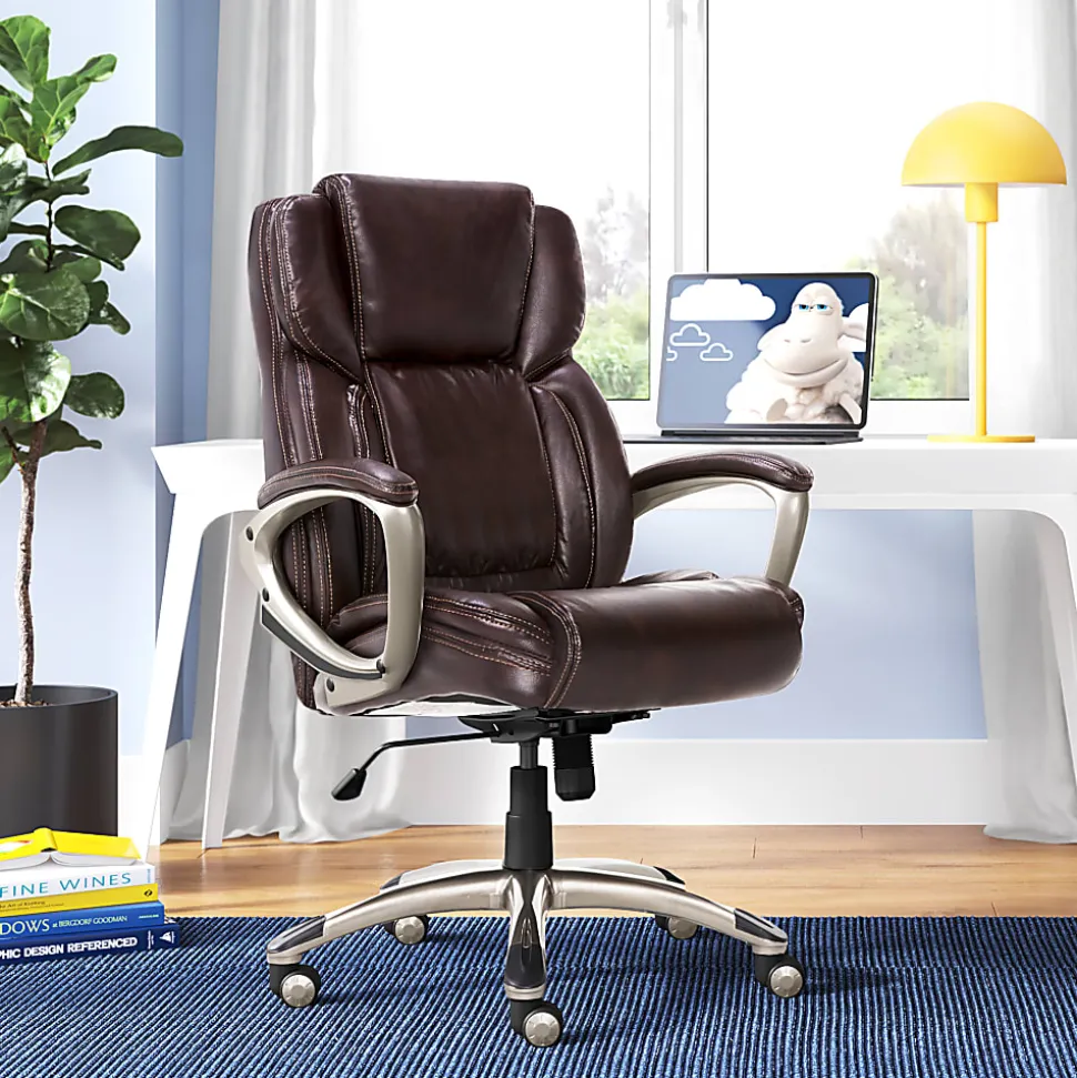 Serta® Executive Office Ergonomic Bonded Leather High-Back Chair, Biscuit Brown/Silver