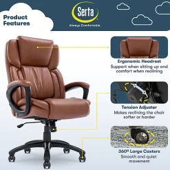 Serta Garret Ergonomic Bonded Leather High-Back Executive Chair, Cognac/Black