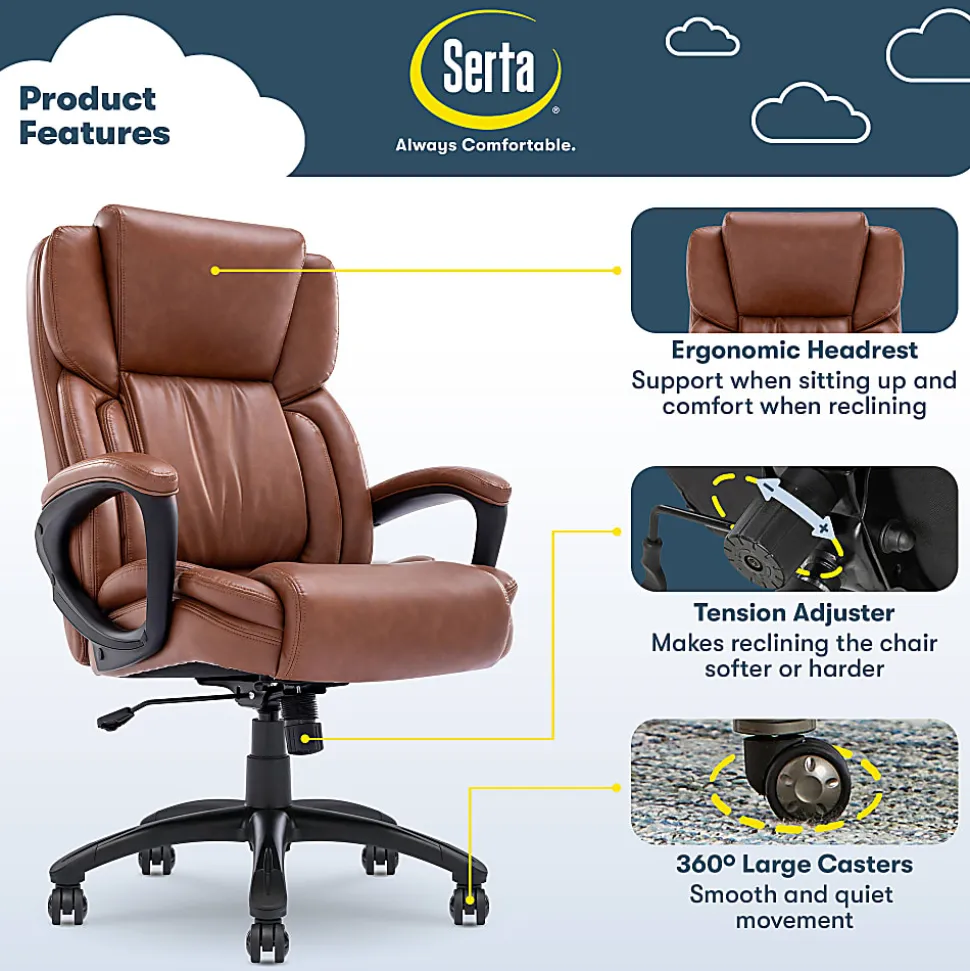 Serta Garret Ergonomic Bonded Leather High-Back Executive Chair, Cognac/Black