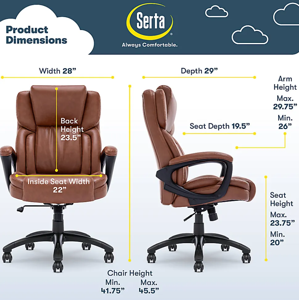 Serta Garret Ergonomic Bonded Leather High-Back Executive Chair, Cognac/Black