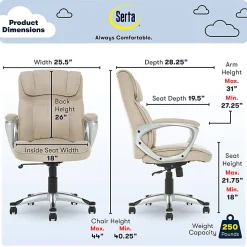 Serta Hannah Ergonomic Fabric Mid-Back Office Chair, Tan/Silver
