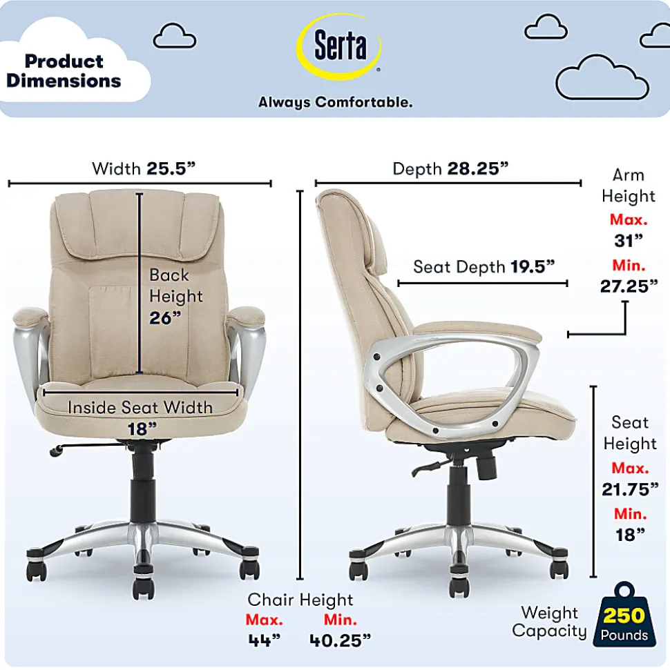 Serta Hannah Ergonomic Fabric Mid-Back Office Chair, Tan/Silver