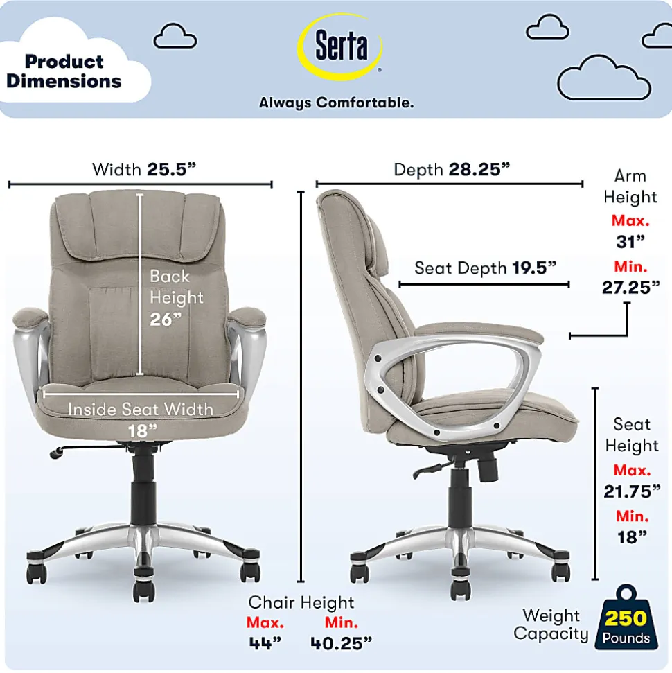 Serta Hannah Ergonomic Fabric Mid-Back Office Chair, Glacial Gray/Silver