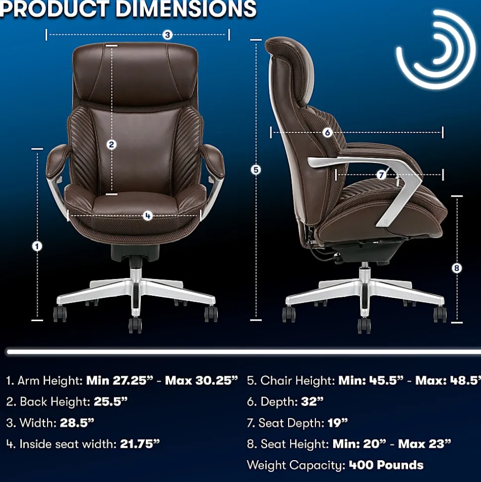 Serta® iComfort i6000 Big & Tall Ergonomic Bonded Leather High-Back Executive Office Chair, Brown/Silver