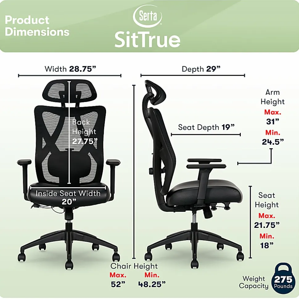 Serta® SitTrue™ Ridgefield Ergonomic Mesh/Vegan Leather High-Back Task Office Chair, Black