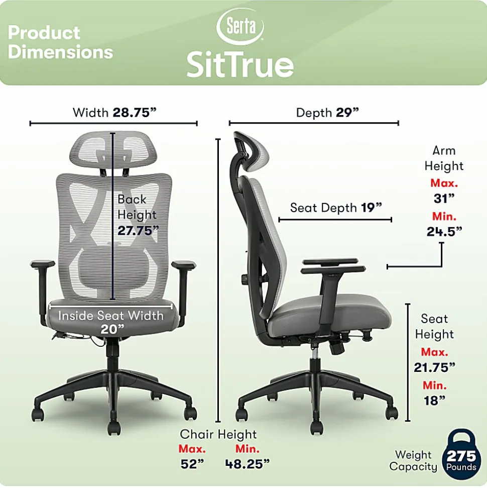 Serta® SitTrue™ Ridgefield Ergonomic Mesh/Vegan Leather High-Back Task Office Chair, Gray/Black