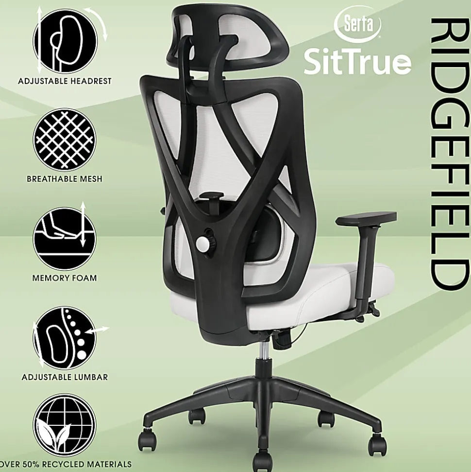 Serta® SitTrue™ Ridgefield Ergonomic Mesh/Vegan Leather High-Back Task Chair, 51% Recycled, White/Black