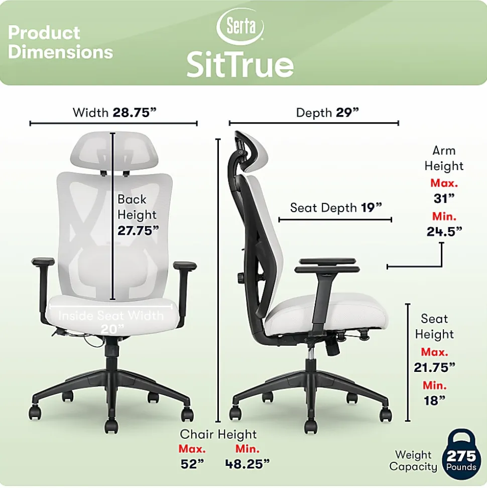 Serta® SitTrue™ Ridgefield Ergonomic Mesh/Vegan Leather High-Back Task Chair, 51% Recycled, White/Black
