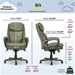 Serta Smart Layers Arlington Air Ergonomic Bonded Leather High-Back Executive Office Chair, Olive