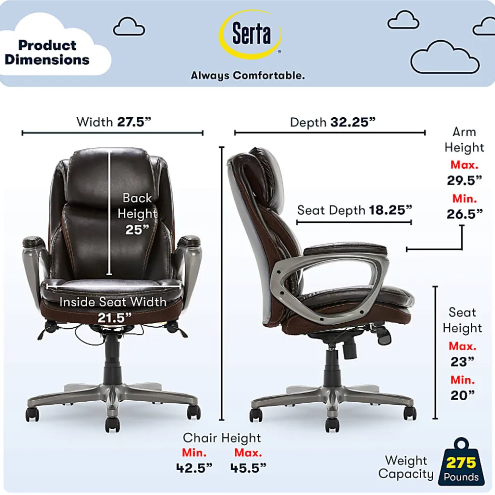 Serta Smart Layers Arlington AIR Ergonomic Bonded Leather High-Back Executive Chair, Brown