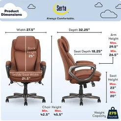 Serta® Smart Layers™ Arlington AIR™ Ergonomic Bonded Leather High-Back Executive Office Chair, Cognac Brown/Dark Gray, BIFMA Compliant