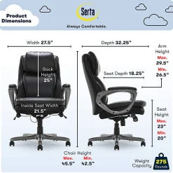 Serta® Smart Layers™ Arlington AIR™ Bonded Leather High-Back Executive Office Chair, Black/Silver, BIFMA Compliant