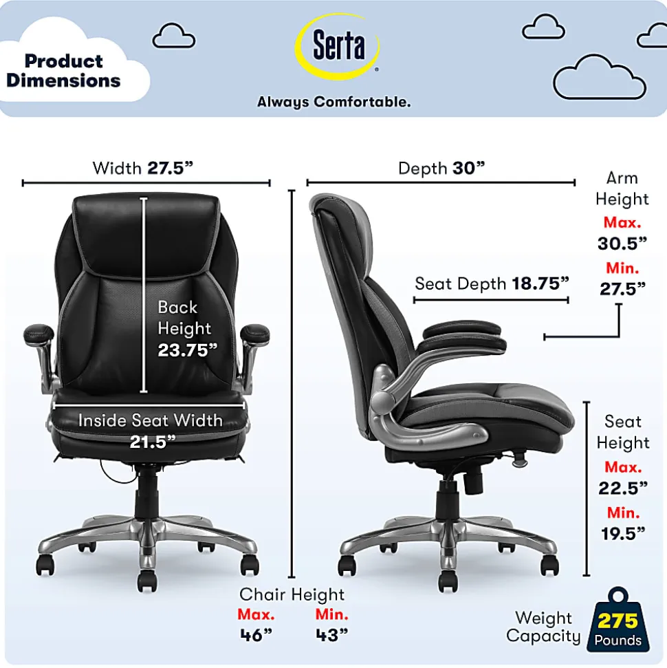 Serta® Smart Layers™ Brinkley Ergonomic Bonded Leather High-Back Executive Office Chair, Black/Silver
