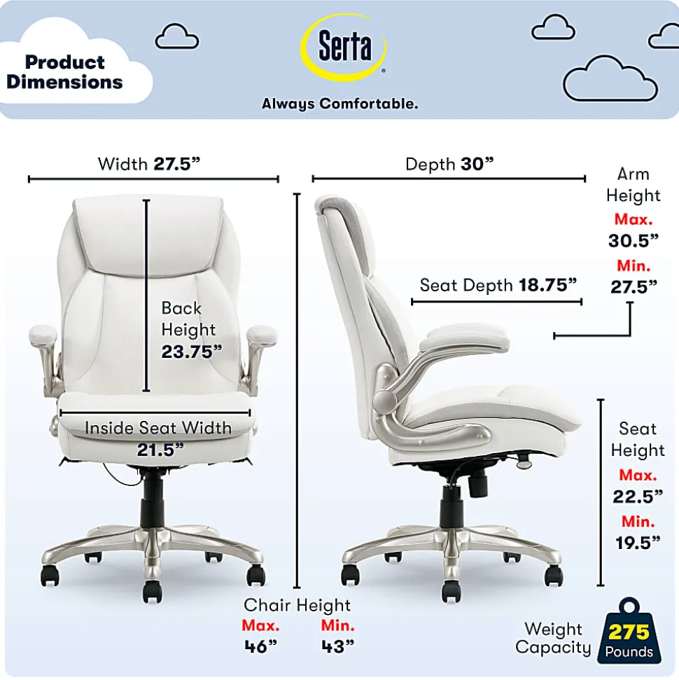 Serta® Smart Layers™ Brinkley Ergonomic Bonded Leather High-Back Executive Office Chair, White/Silver