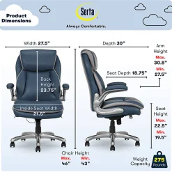 Serta® Smart Layers™ Brinkley Ergonomic Bonded Leather High-Back Executive Office Chair, Navy/Silver