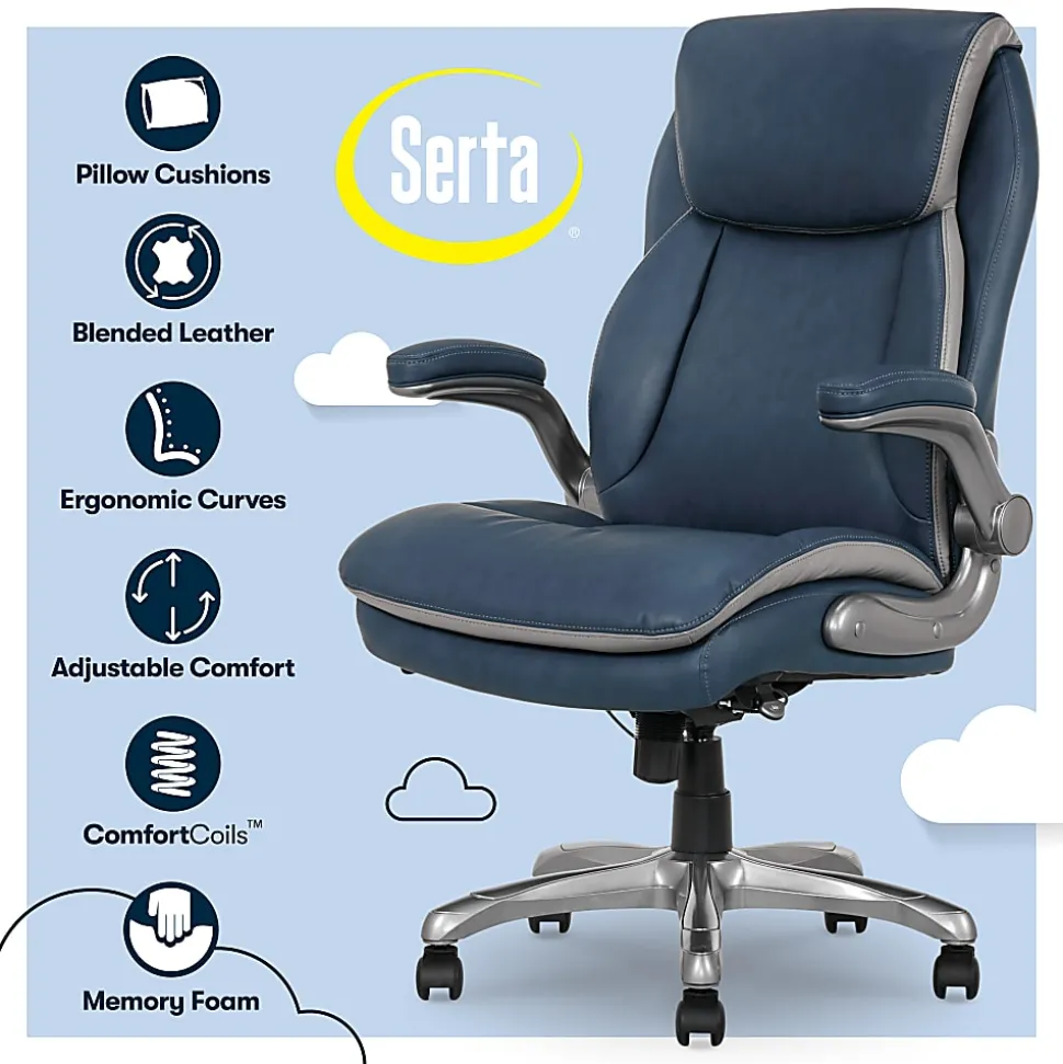 Serta® Smart Layers™ Brinkley Ergonomic Bonded Leather High-Back Executive Office Chair, Navy/Silver