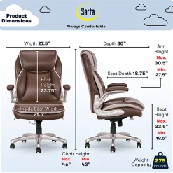 Serta® Smart Layers™ Brinkley Ergonomic Bonded Leather High-Back Executive Office Chair, Brown/Silver