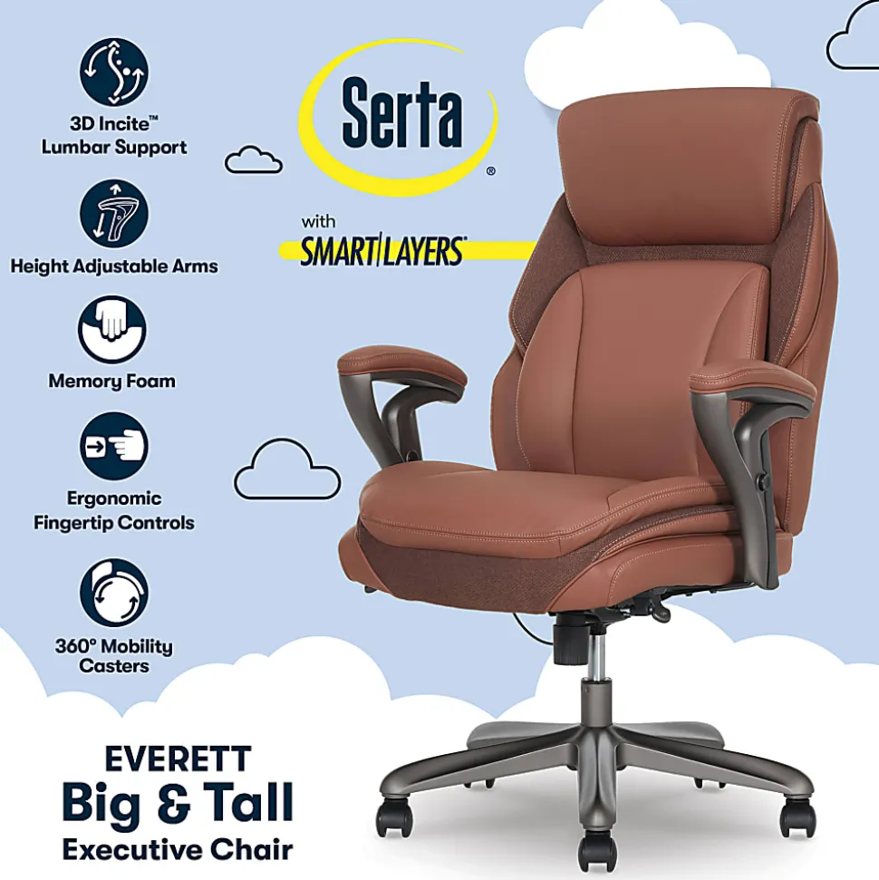 Serta® SmartLayers™ Everett Big & Tall Ergonomic Vegan Leather High-Back Executive Office Chair, Cognac/Dark Gray