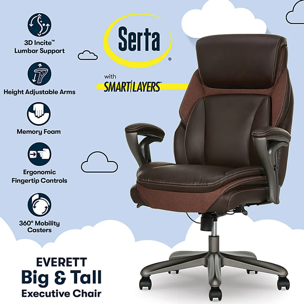 Serta® SmartLayers™ Everett Big & Tall Ergonomic Vegan Leather High-Back Executive Office Chair, Dark Brown/Dark Gray