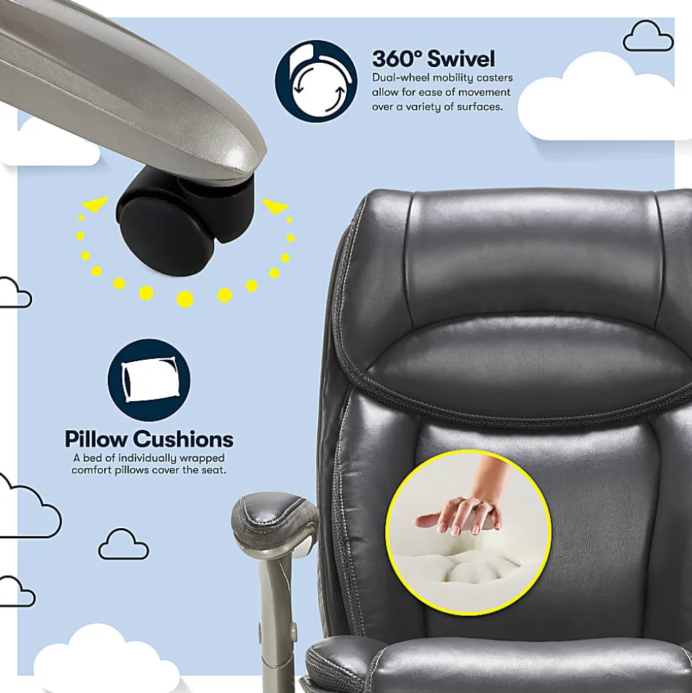 Serta® Smart Layers™ Jennings Big & Tall Ergonomic Bonded Leather High-Back Executive Chair, Dark Gray/Silver