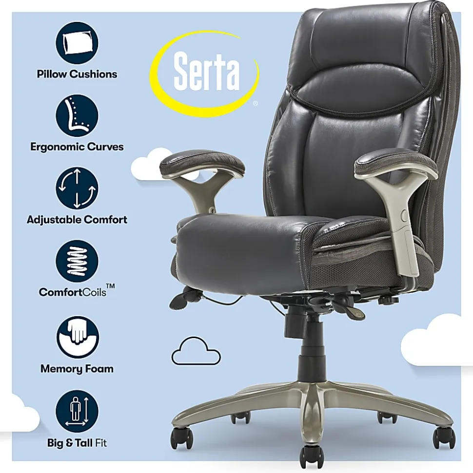 Serta® Smart Layers™ Jennings Big & Tall Ergonomic Bonded Leather High-Back Executive Chair, Dark Gray/Silver