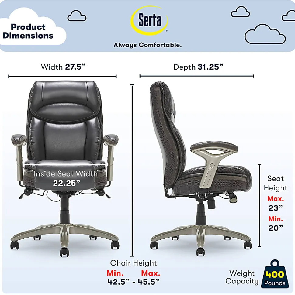 Serta® Smart Layers™ Jennings Big & Tall Ergonomic Bonded Leather High-Back Executive Chair, Dark Gray/Silver