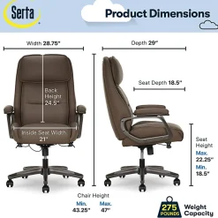 Serta® SmartLayers™ Mosby Ergonomic Vegan Leather High-Back Executive Office Chair, Brown
