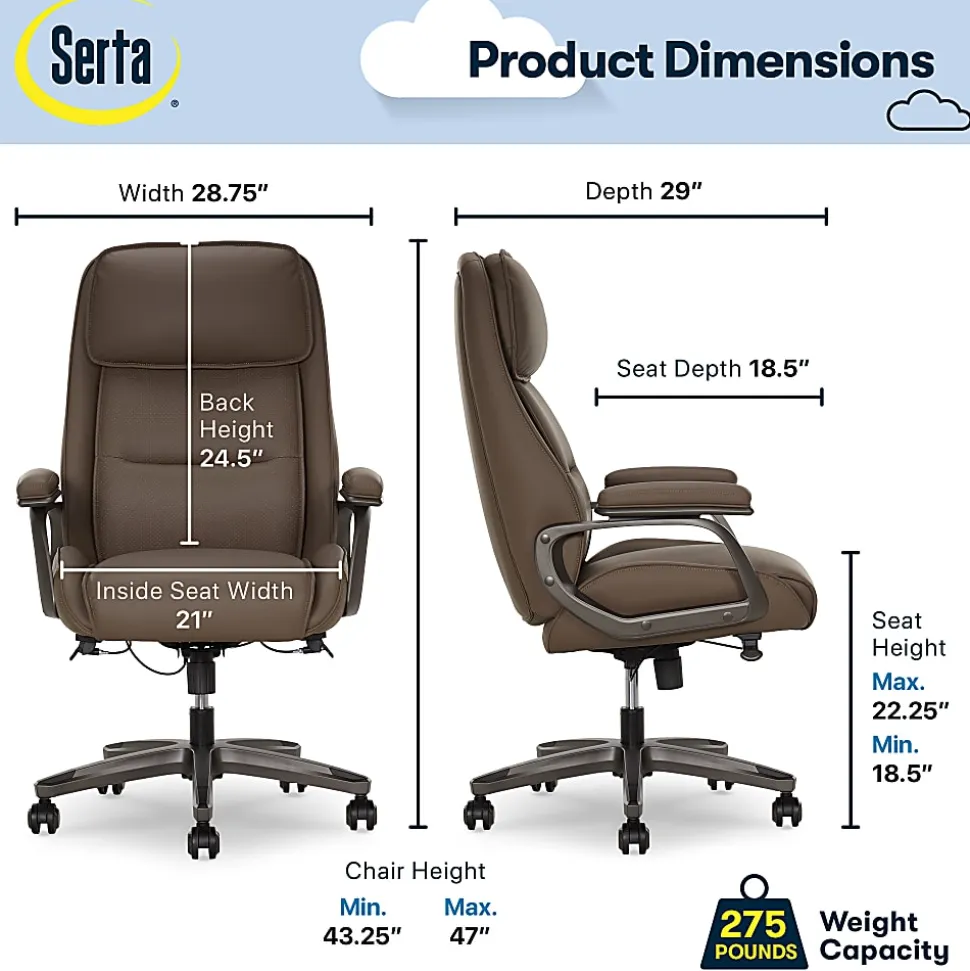 Serta® SmartLayers™ Mosby Ergonomic Vegan Leather High-Back Executive Office Chair, Brown