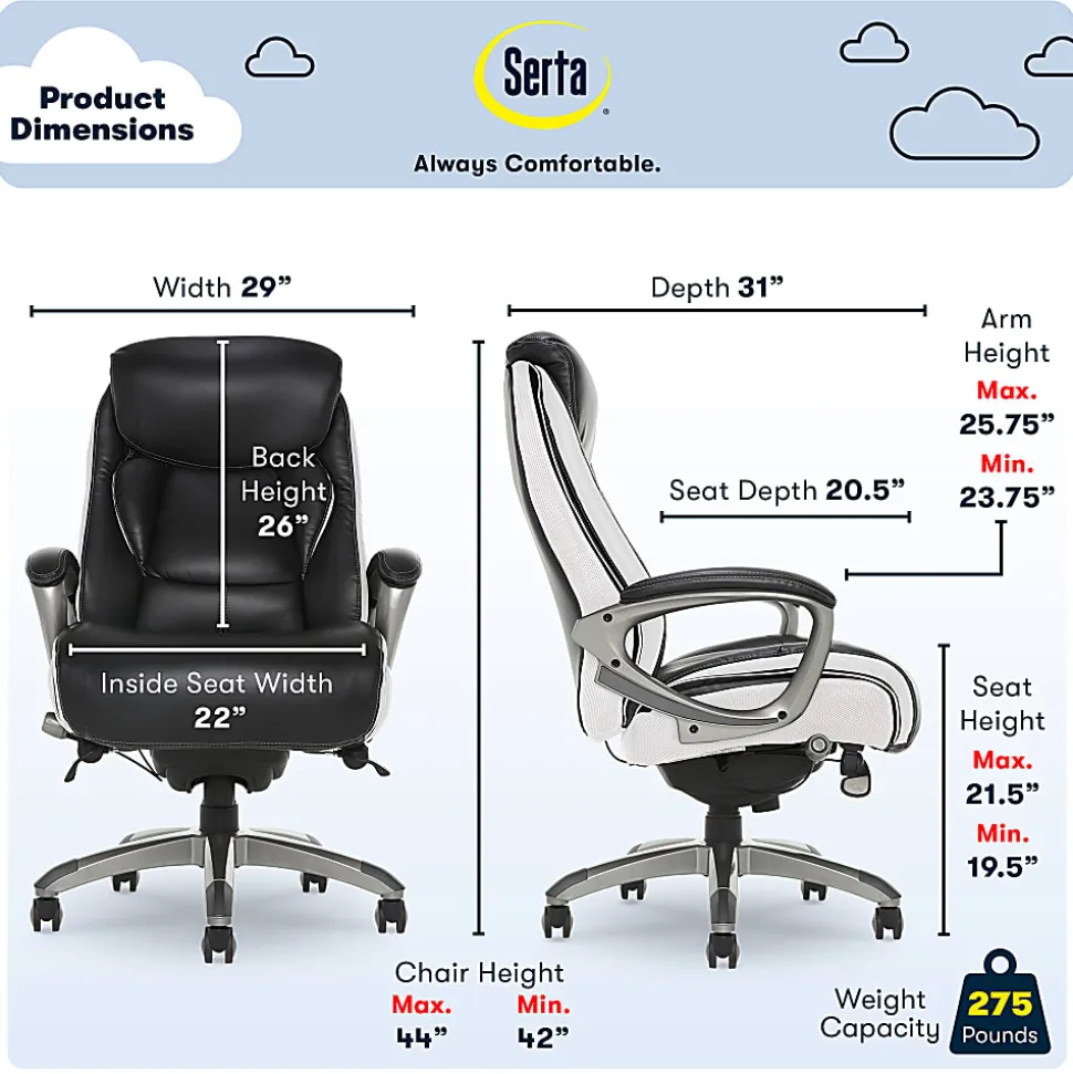 Serta® Smart Layers™ Tranquility Executive Ergonomic Bonded Leather High-Back Chair, Black/Slate
