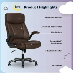 Serta® Torrington Big & Tall Office Chair, with Flip-Up Padded Armrests, ComfortCoils™ Seat Cushion Technology, Dark Walnut Brown, 52399DBRN